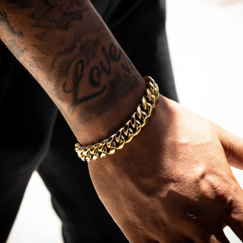 Custom Mens Hip Hop Miami Cuban Link Chain 18k Gold Plated Stainless Steel Cuban Jewelry Set Chain bracelet