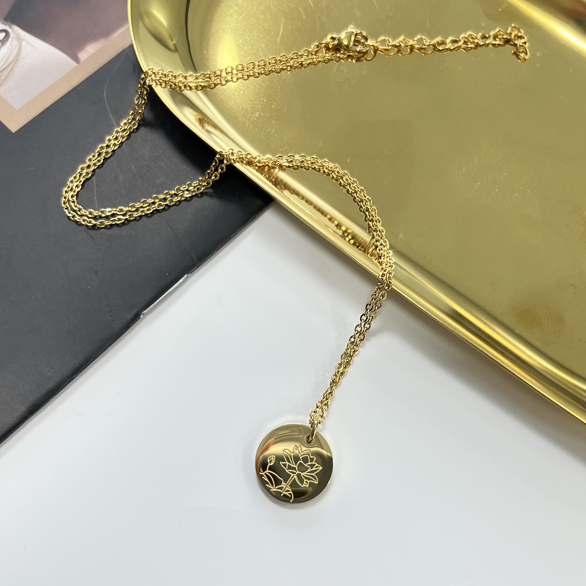 Customized Stainless Steel Jewelry Personalized Gold Birth Floral Flower Month Handmade Coin Pendant Necklace For Women