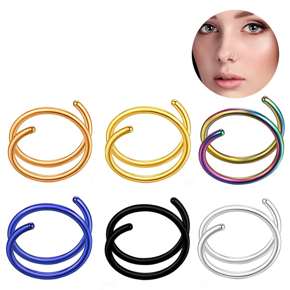 Non Tarnish Hoop Nose Ring Stainless Steel Hypoallergenic Round Head Spiral Double Layer Piercing Jewelry Nose Ring