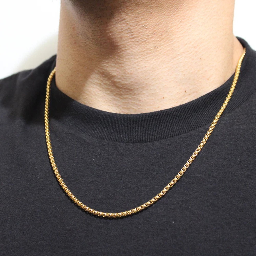 Factory Stock Hip Hop Square Pearl Chain Necklace Silver Gold Plated Stainless Steel Round Box Chain For Men Jewelry