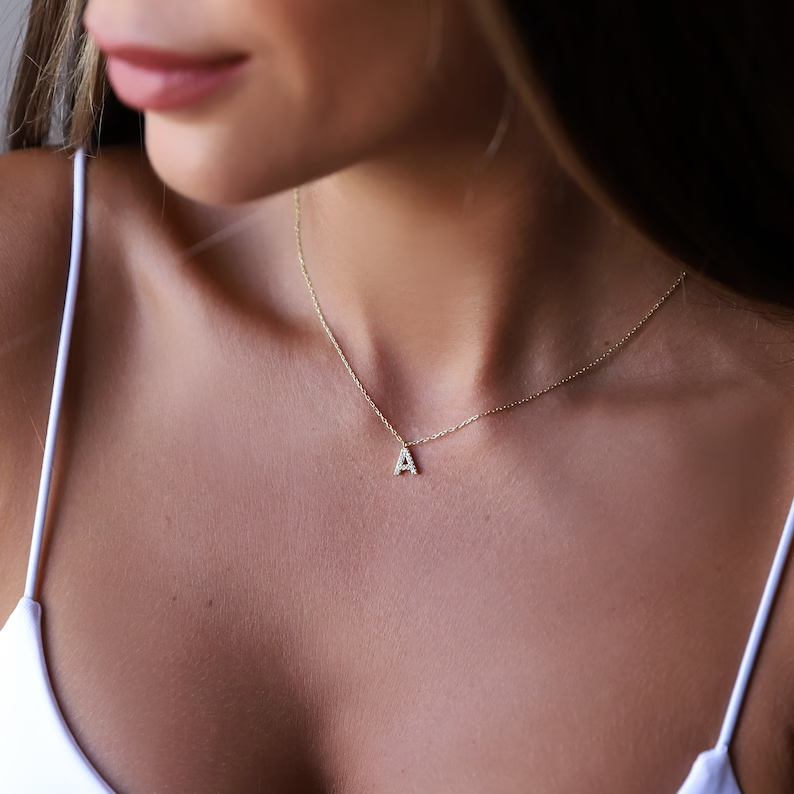 Waterproof Non Tarnish Gold Plated Inlay Zircon Stainless Steel Hang A-Z Alphabet Initial Letter Necklace