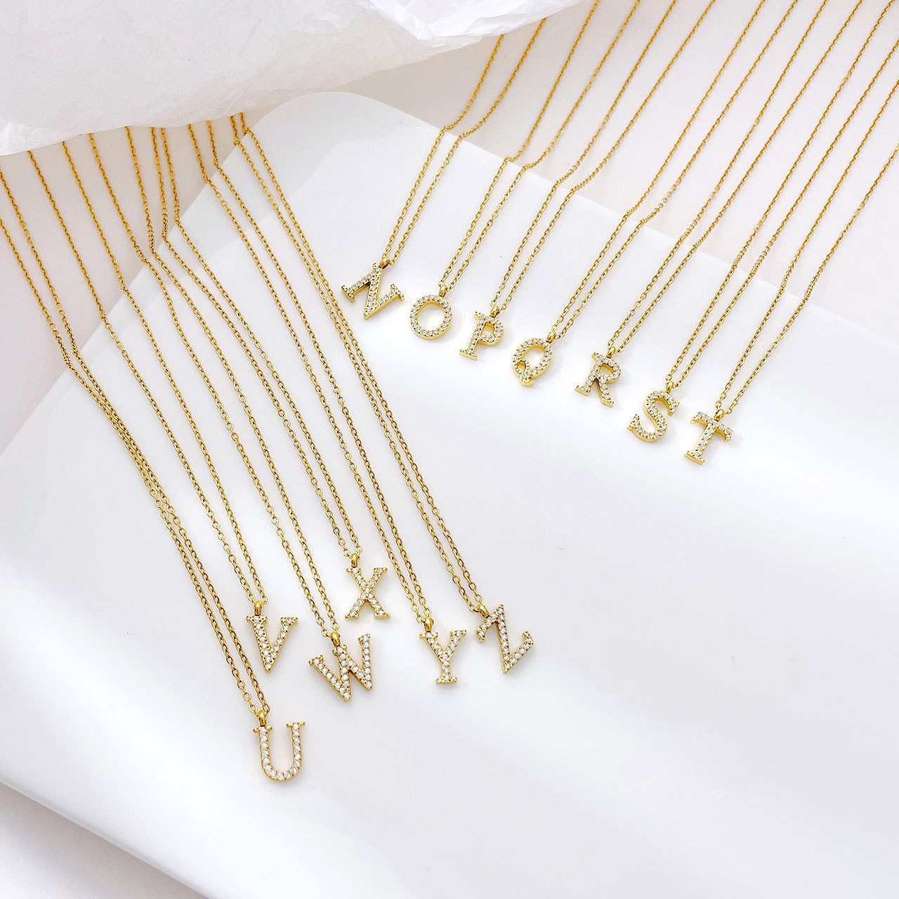 Waterproof Non Tarnish Gold Plated Inlay Zircon Stainless Steel Hang A-Z Alphabet Initial Letter Necklace