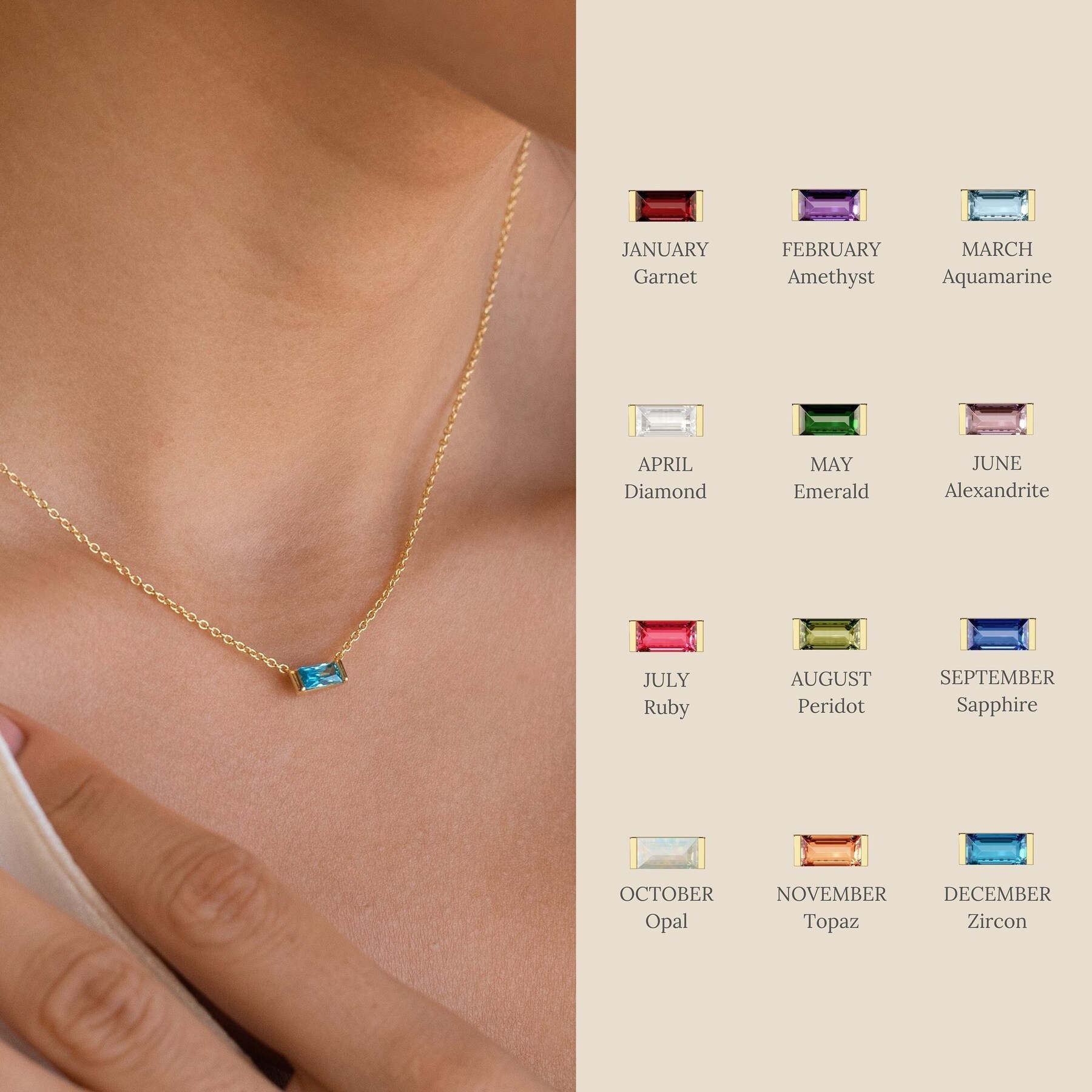 Crystal Jewelry Stainless Steel PVD Real Gold Plating Birthstone Stone Bar Pendant Necklace 12 Month  For Women Men