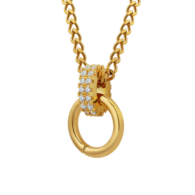 Fashion Jewelry Inlay Zircon Circle Pendant Necklace PVD 18K Gold Plated Stainless Steel Chain Link Double Interlocking  F