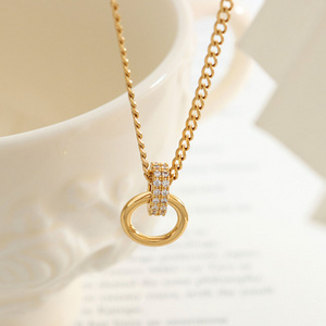 Fashion Jewelry Inlay Zircon Circle Pendant Necklace PVD 18K Gold Plated Stainless Steel Chain Link Double Interlocking  F