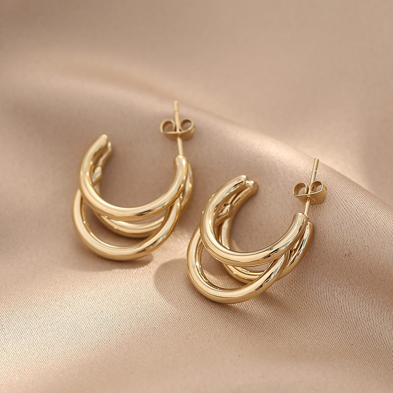 Wholesale Custom High-end Jewelry 2.8cm PVD 18K Gold Plated Stainless Steel Three Line Tube Triple Hoop Gold Earrings