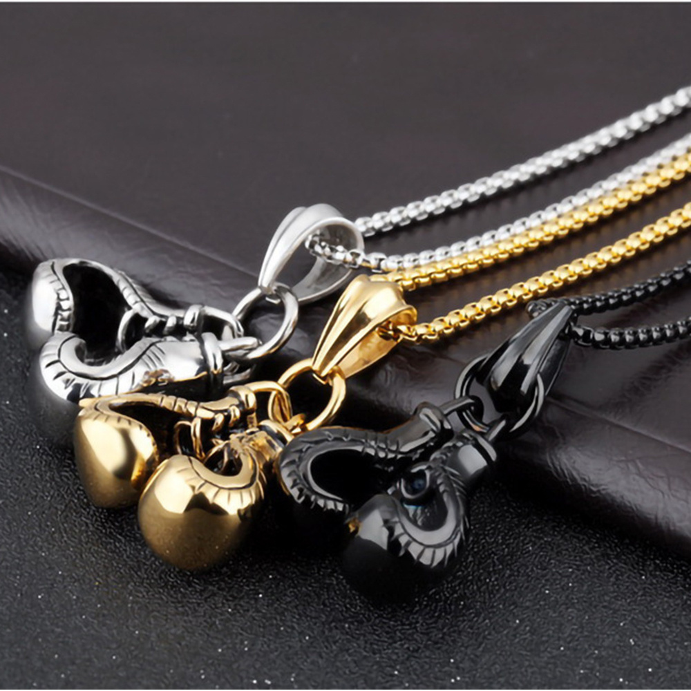 New Arrivals Silver Black Gold Stainless Steel Necklace Mens Round Box Chain Sport Boxing Pendant Necklace