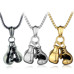 New Arrivals Silver Black Gold Stainless Steel Necklace Mens Round Box Chain Sport Boxing Pendant Necklace