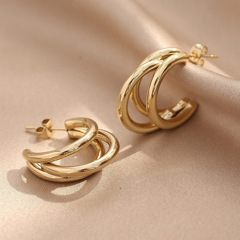 Wholesale Custom High-end Jewelry 2.8cm PVD 18K Gold Plated Stainless Steel Three Line Tube Triple Hoop Gold Earrings