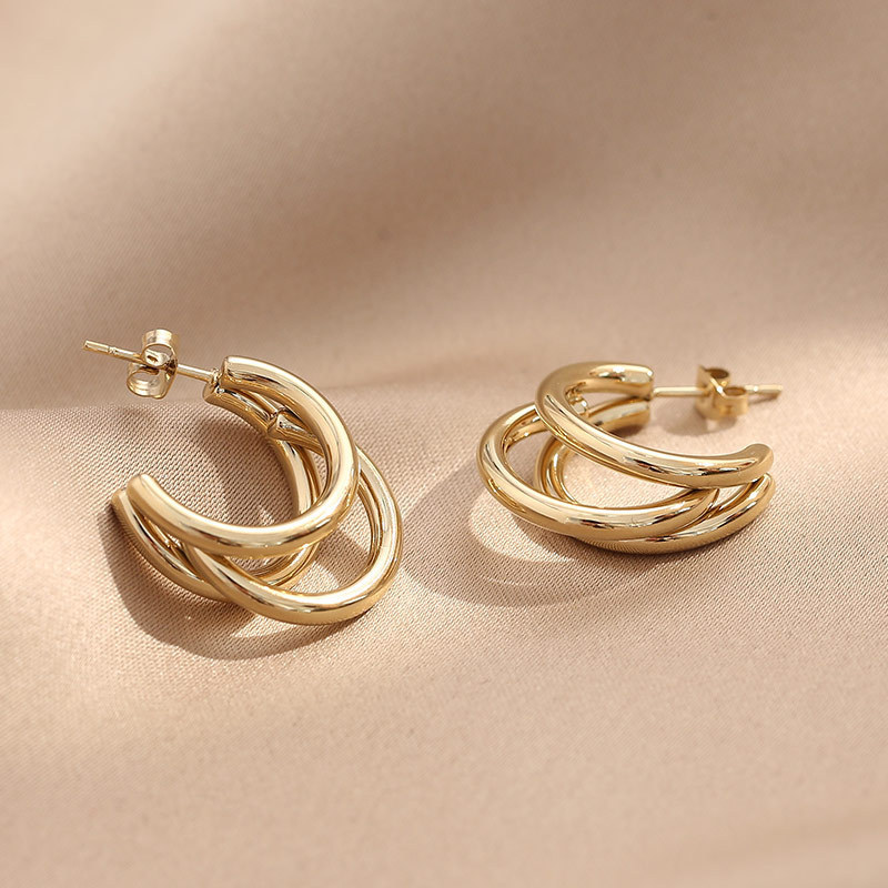 Wholesale Custom High-end Jewelry 2.8cm PVD 18K Gold Plated Stainless Steel Three Line Tube Triple Hoop Gold Earrings