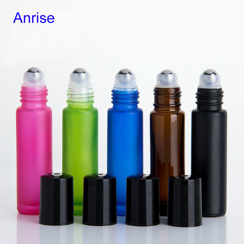 10ml Frosted Amber Pink Blue Green Black Glass Roll On Bottle Matte Glass Aluminum Lid Perfume Essential Oil Roller Ball Bottle