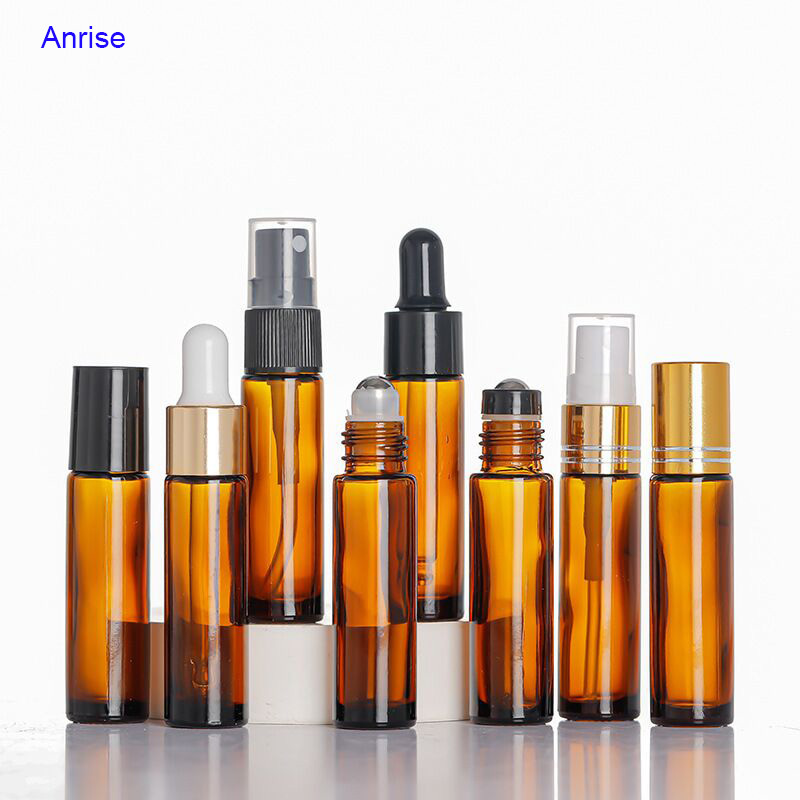 10ml Amber Glass Graduated Pump Spray Roller On Bottle Empty Brown Glass Eye Dropper Essential Oil Perfume Fluid Bottles