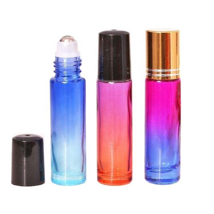 10ml Gradient Rainbow Colors Thick Glass Roll On Bottle with Stainless Steel Metal Roller Ball