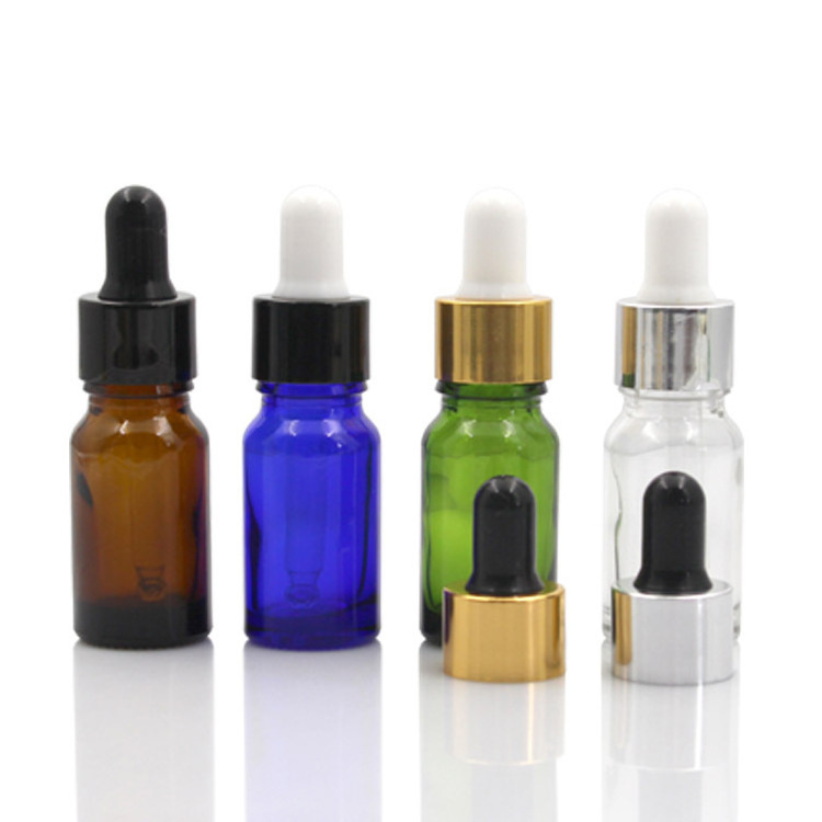 10ml Green/Blue/Brown/Clear Glass Dropper Bottle Essential Oil Round Shape Perfume Bottle Gold/Silver Cap Cosmetic Empty Bottles