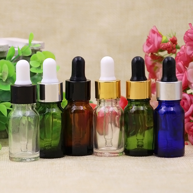 10ml Green/Blue/Brown/Clear Glass Dropper Bottle Essential Oil Round Shape Perfume Bottle Gold/Silver Cap Cosmetic Empty Bottles