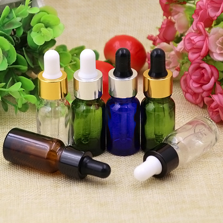 10ml Green/Blue/Brown/Clear Glass Dropper Bottle Essential Oil Round Shape Perfume Bottle Gold/Silver Cap Cosmetic Empty Bottles