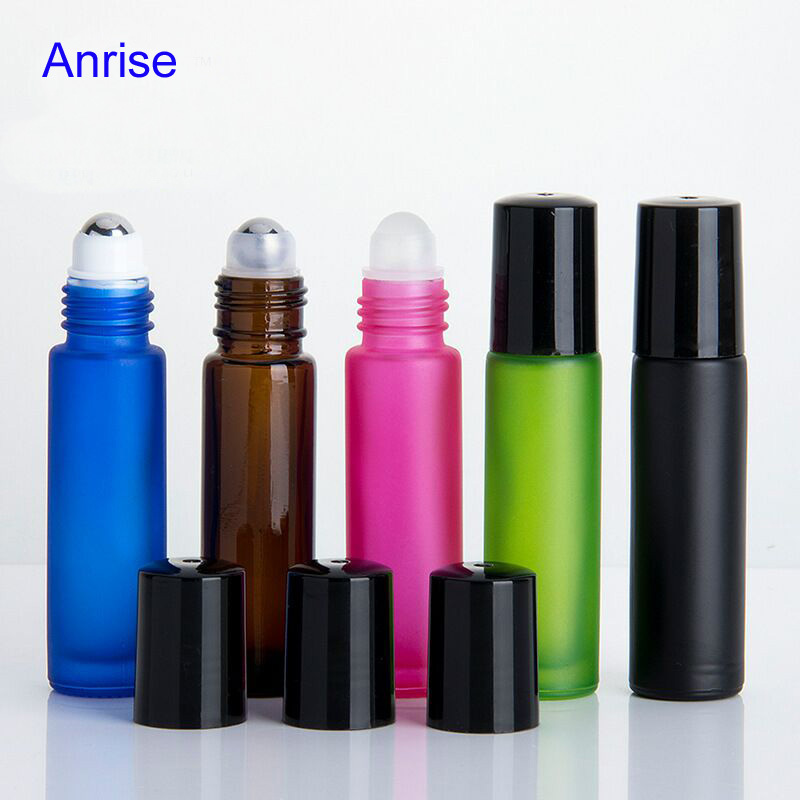 10ml Frosted Amber Pink Blue Green Black Glass Roll On Bottle Matte Glass Aluminum Lid Perfume Essential Oil Roller Ball Bottle