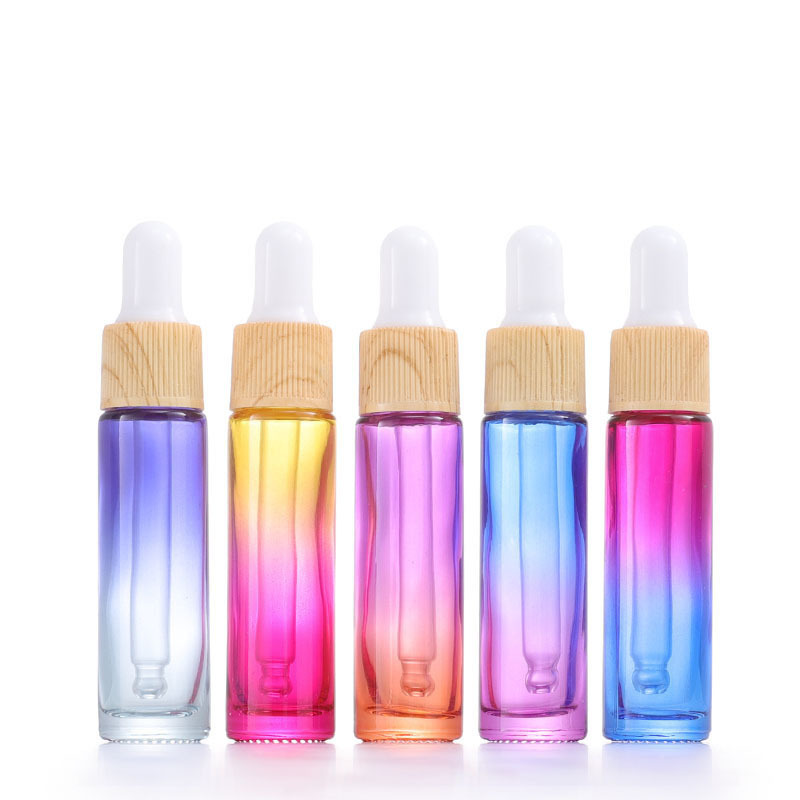 10ml Gradient Glass Dropper Bottle Small Essence Wooden Cap Glass Tube Gradient Translucent Serum Emulsion Dropper Bottle