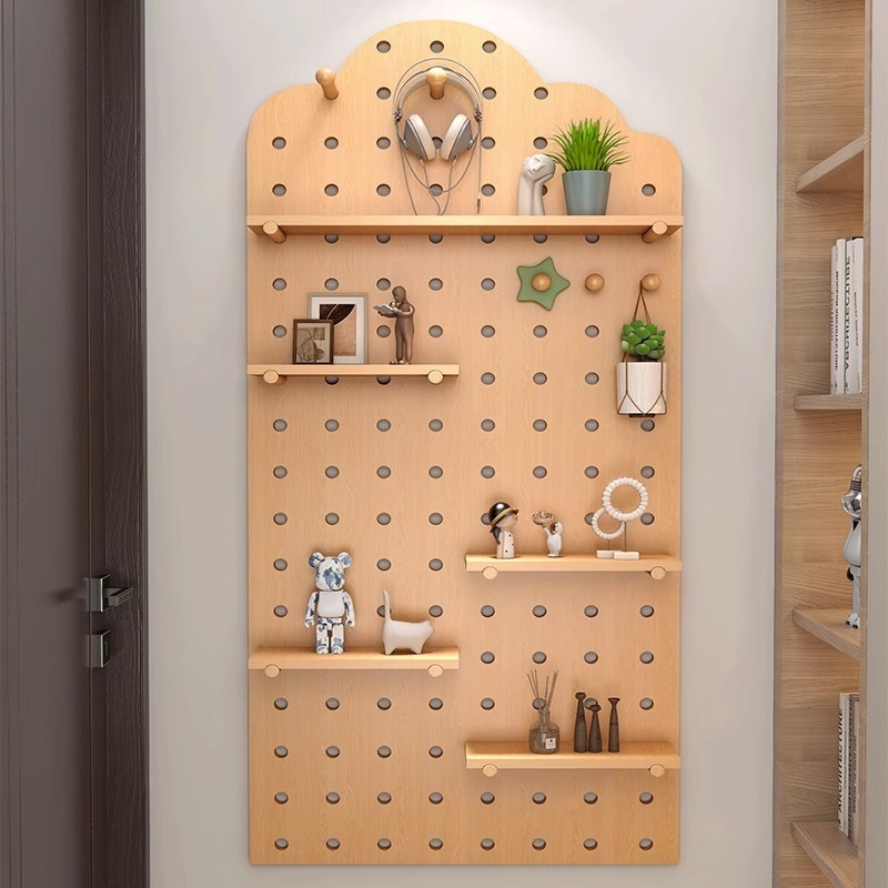 High quality household hook storage Pegboard Wall Shelves Wood Mounted Organizer