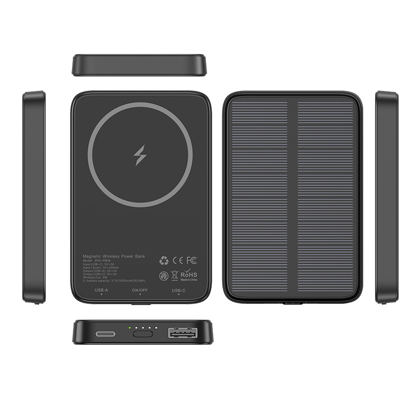 2022 New Product 3 in 1 Mini Solar Power Bank Wireless Mini Power Bank Black For Smart Phone For Earbuds Case