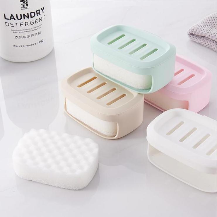 Double Layer With Sponge Wall Mounted Soap Dishes Adhesive Sticker Soap Holder Bamboo