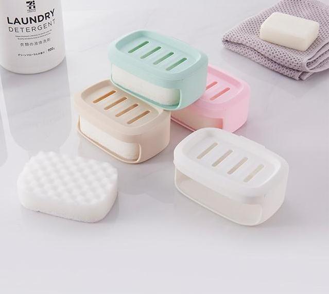 Double Layer With Sponge Wall Mounted Soap Dishes Adhesive Sticker Soap Holder Bamboo