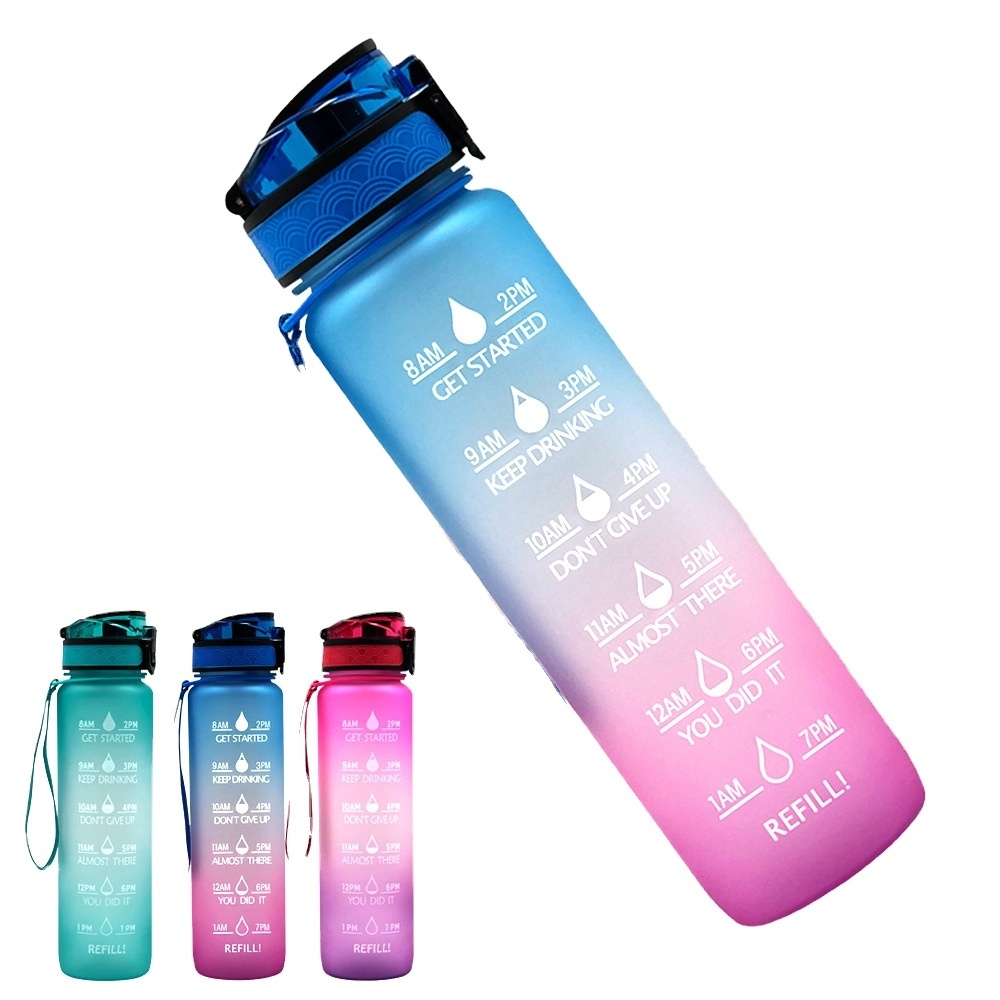 whole sale 32 oz Straw Strainer Filter Gym Fitness Sports BPA Free Tritan Motivational Water Bottle With Time Marker