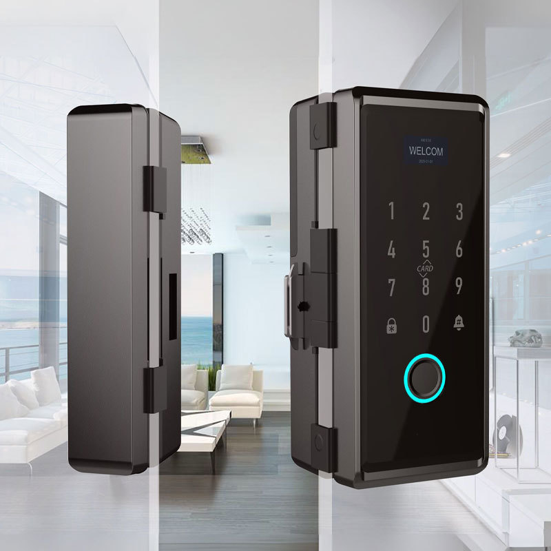 Wifi Tuya App Remote Control Smart Fingerprint With Ic Card Password Sliding Aluminium Frame Glass Door Lock