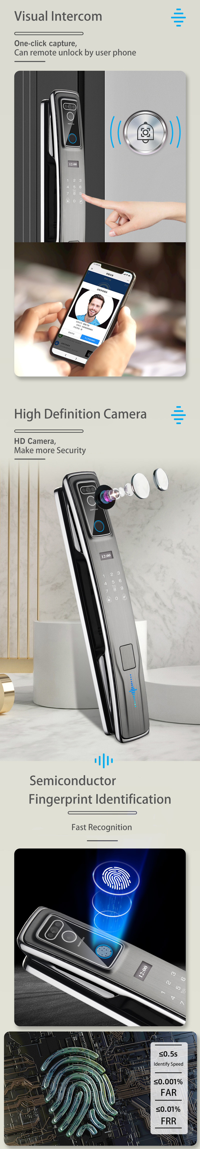 Automatic Camera 3D Face Recognition fingerprint TUYA WIFI remote cards Digital electric Smart Door Lock With Door Bell