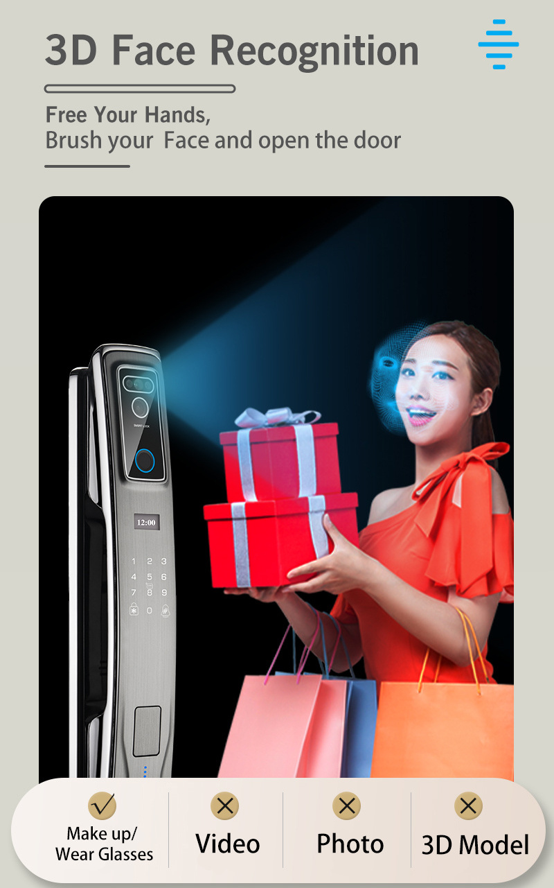 Automatic Camera 3D Face Recognition fingerprint TUYA WIFI remote cards Digital electric Smart Door Lock With Door Bell