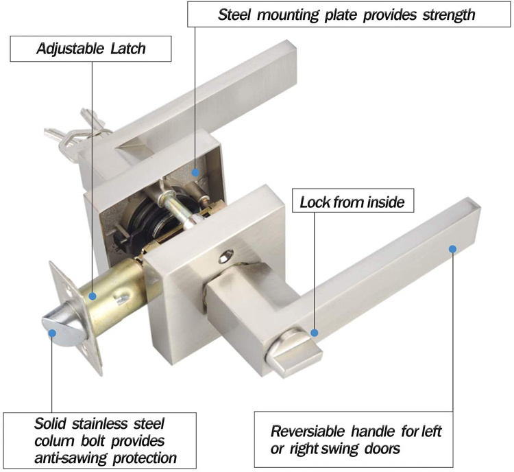 Factory Wholesale Heavy duty Square Lever Handle lock entrance Privacy ET Brass Satin Nickle Door Handle Lever Lock