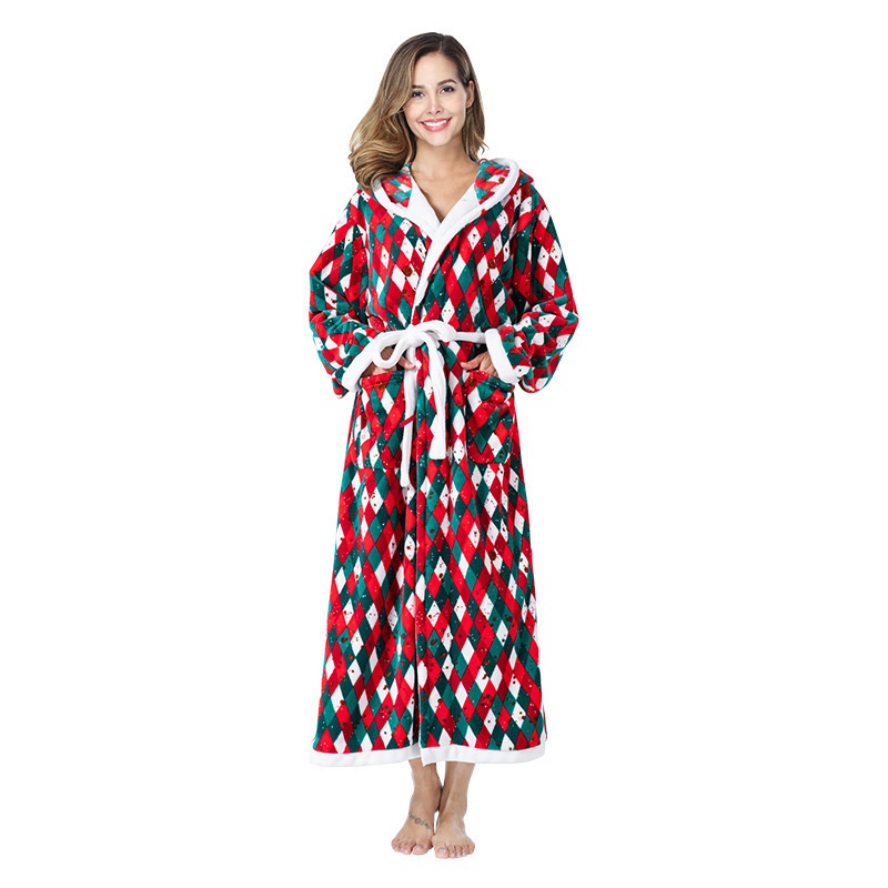 Winter New women's Polar fleece Christmas checkered bathrobe Wizard hat hooded color matching flannel nightgown