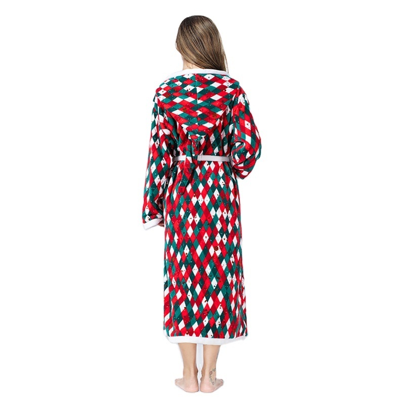 Winter New women's Polar fleece Christmas checkered bathrobe Wizard hat hooded color matching flannel nightgown