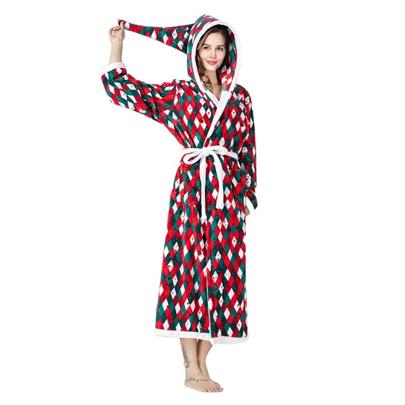 Winter New women's Polar fleece Christmas checkered bathrobe Wizard hat hooded color matching flannel nightgown