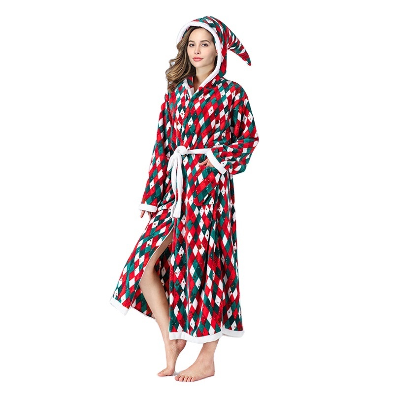 Winter New women's Polar fleece Christmas checkered bathrobe Wizard hat hooded color matching flannel nightgown