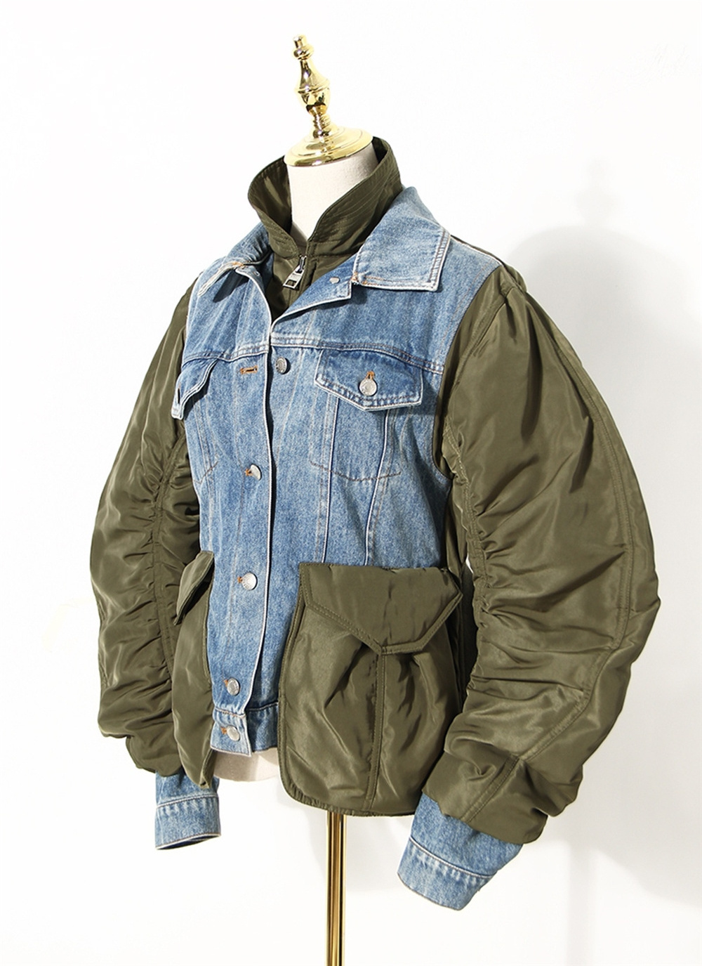 ANSZKTN Fashion Loose Green Matching Jean Bubble Cotton Jackets Coat Custom Denim Puffer Jacket Women