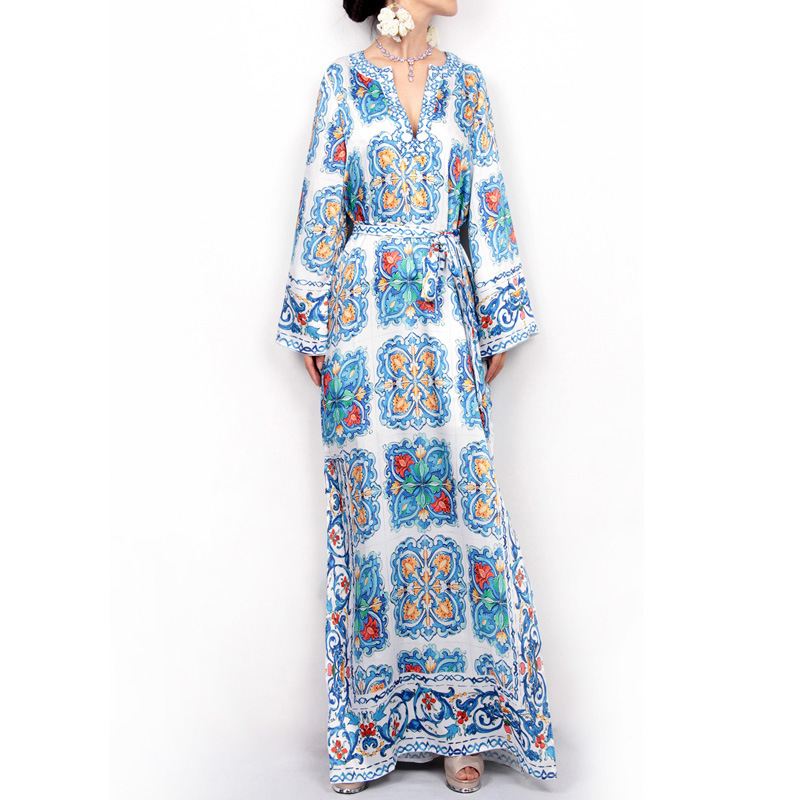 ANSZKTN Ladies Casual Dress Women Long Sleeve Chiffon Bohemian Beach Dress Blue and White Porcelain Evening Dress