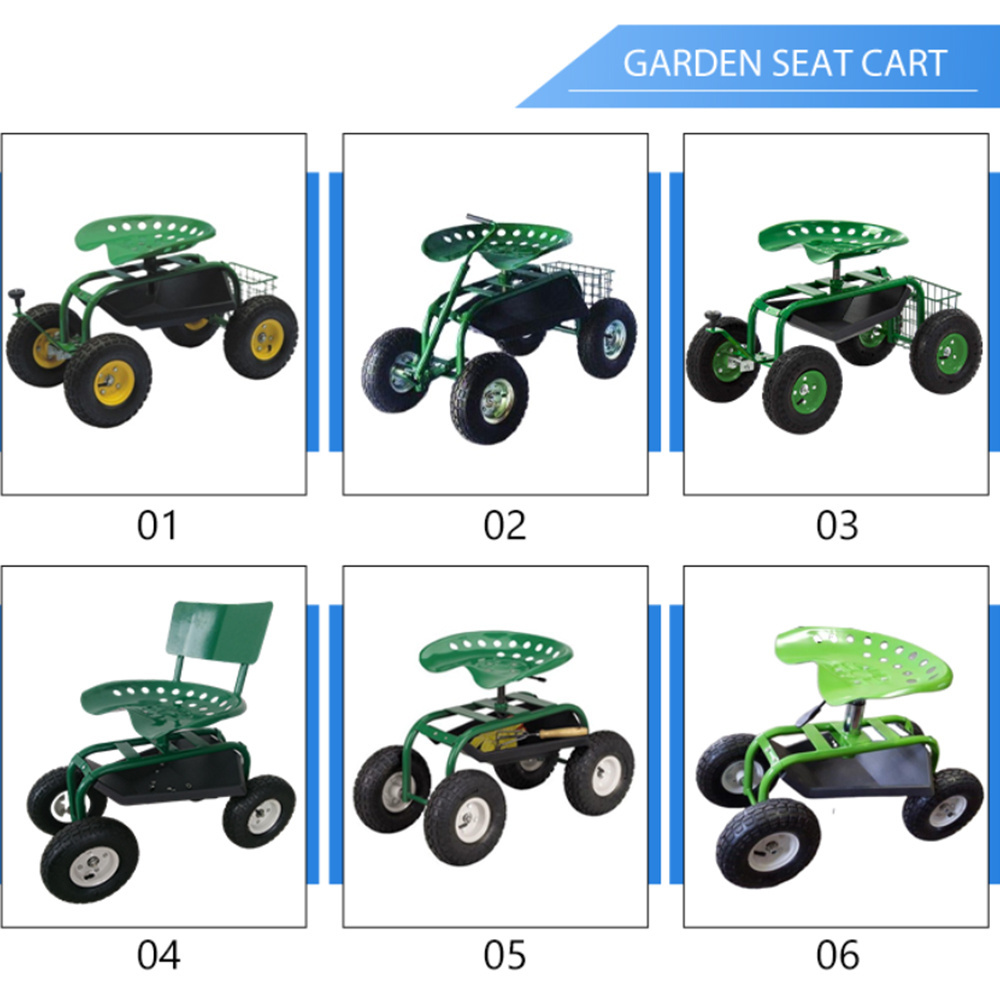 New Styles Comfortable four wheel garden carts work seat gardening work carts with tool tray and basket