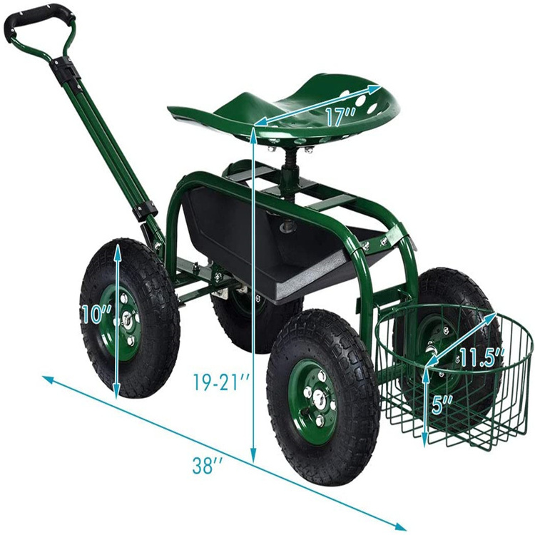 Rolling Garden Scooter Garden Cart Seat with Wheels and Tool Tray, 360 Swivel Seat