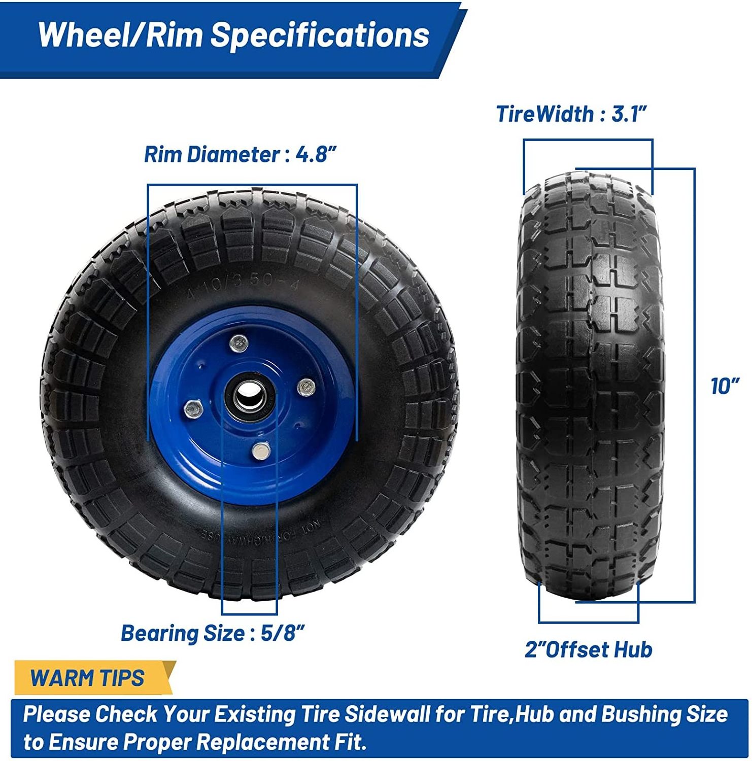 2 Pack 10 Inch Solid Rubber Tires and Wheels