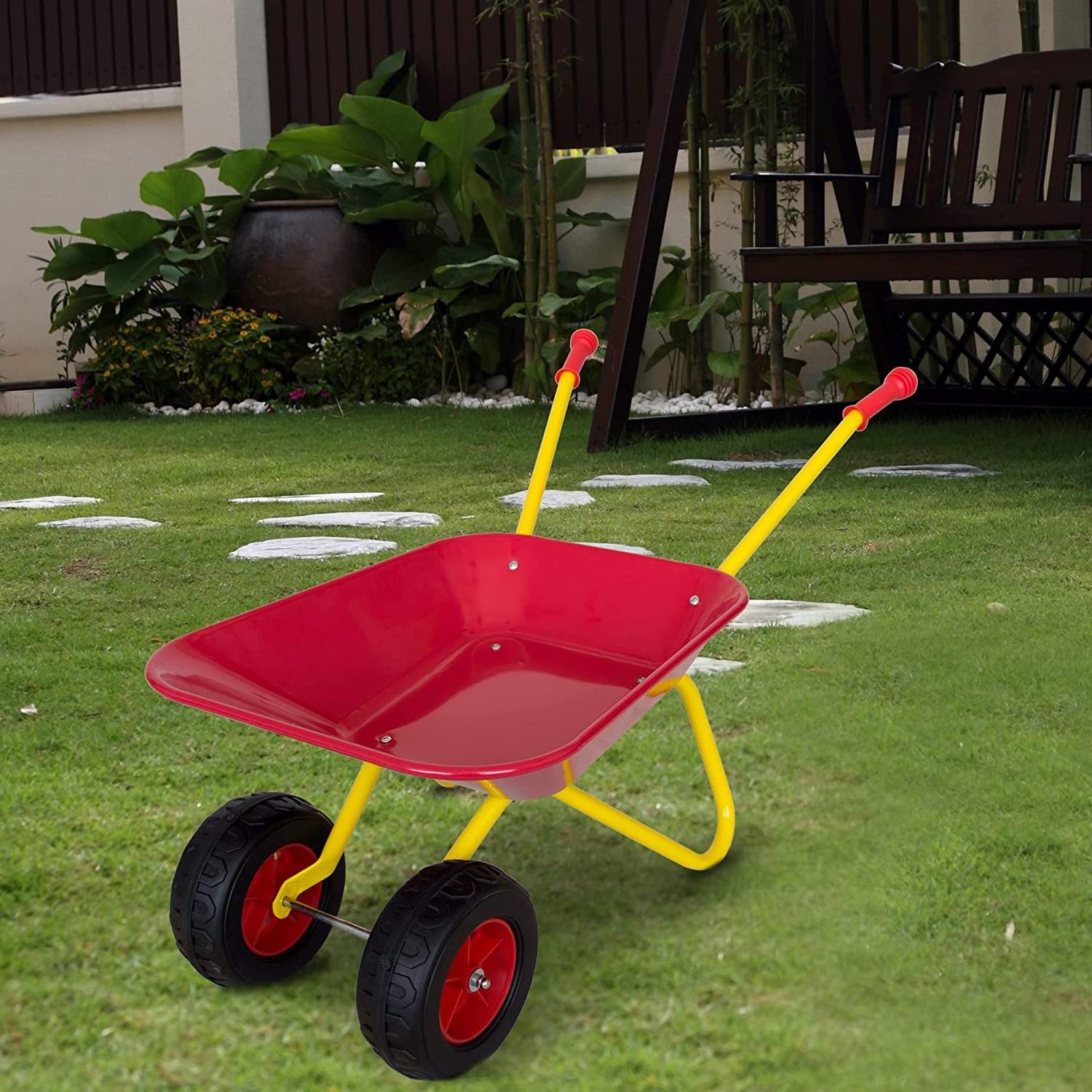 Wheel Kids Wheelbarrow Outdoor Toy Barrow Children Metal Wheelbarrow with Comfortable Handles for Garden -Yellow/Red