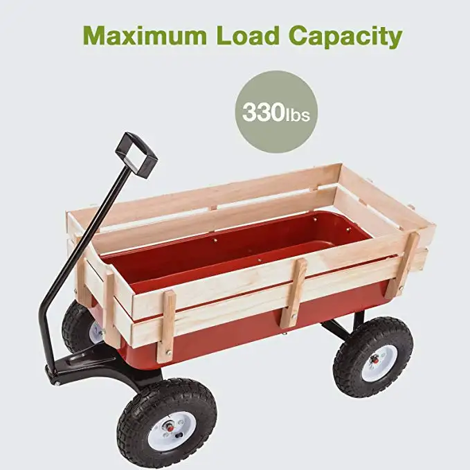 Garden Cart and Wagon with Wheels, Steel Wood Sides Railing Heavy-Duty 330-lbs Capacity