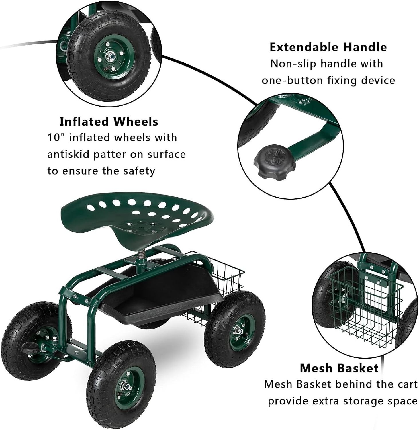 Garden Cart Gardening Workseat w/Wheels Rolling Work Seat with Adjustable 360 Degree Swivel Seat