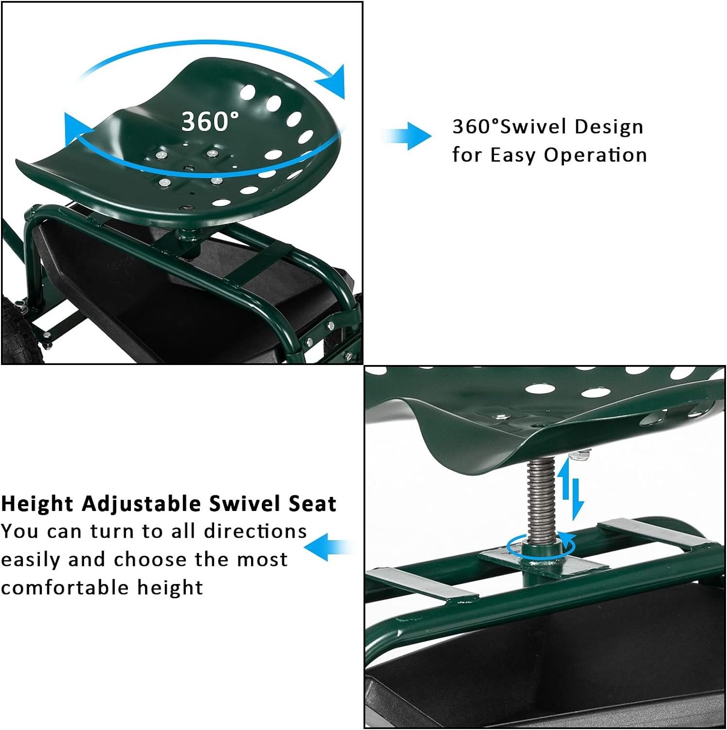 Garden Cart Gardening Workseat w/Wheels Rolling Work Seat with Adjustable 360 Degree Swivel Seat