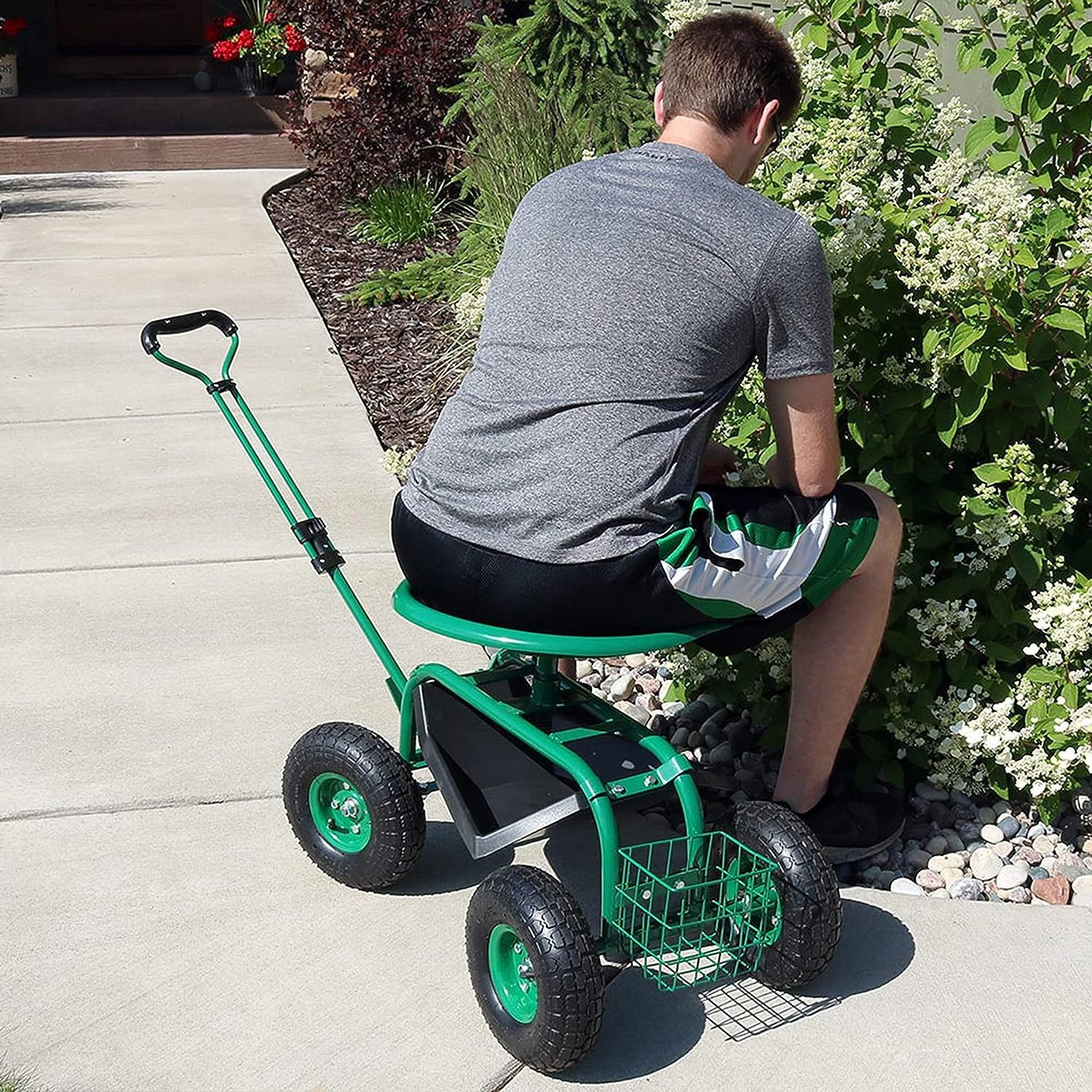 Garden Seat with Wheels - Rolling Garden Stool with Extendable Steer Handle