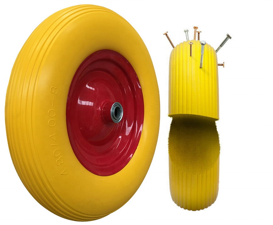 Popular pu foamed flat free wheel for wheel barrow ribbed tread NEVER NO need to inflate to Global