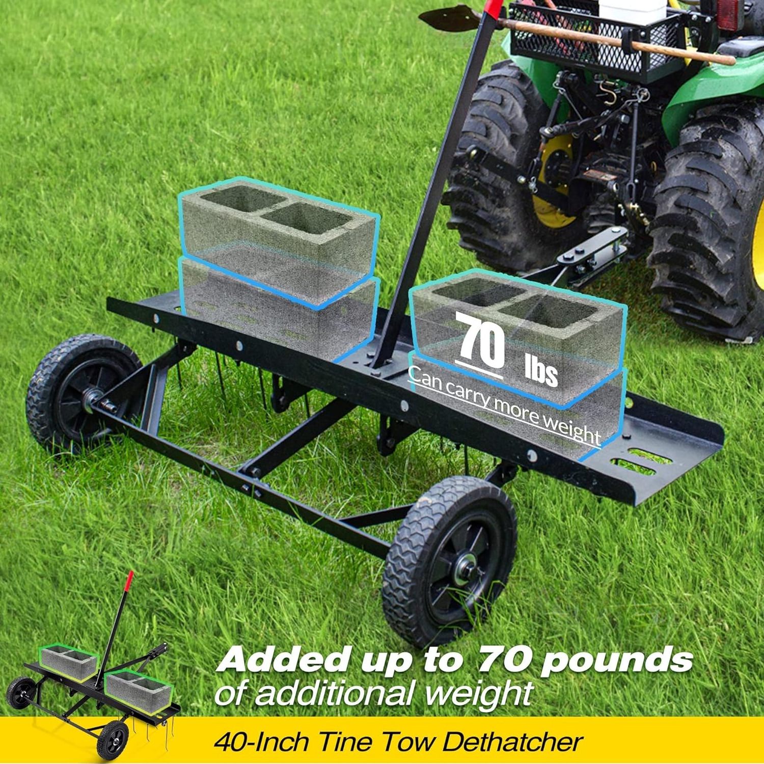 Tow Behind Dethatcher with 20 Spring Steel Tines, Riding Lawn Mower Attachments for Outdoor Yard Tools Lawn Care