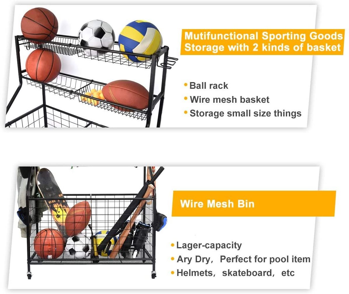 Garage Organizer with Baskets and Hooks, Rolling Sports Ball Storage Cart, Black, Steel