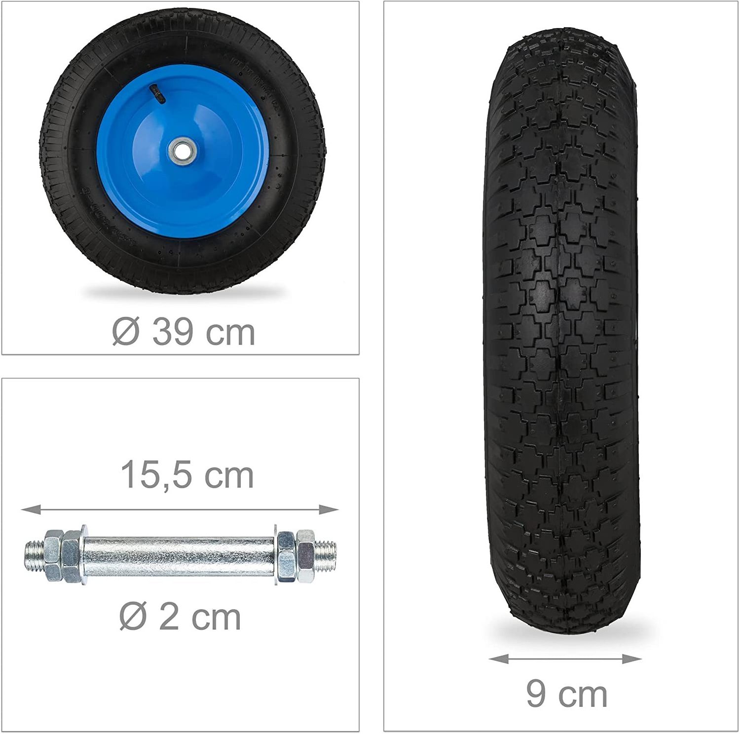 4.80 4.00-8 Wheelbarrow Tyre, Pneumatic Spare Wheel, Steel Rim and Axle, Max. 120 kg, Rubber, Black/Blue