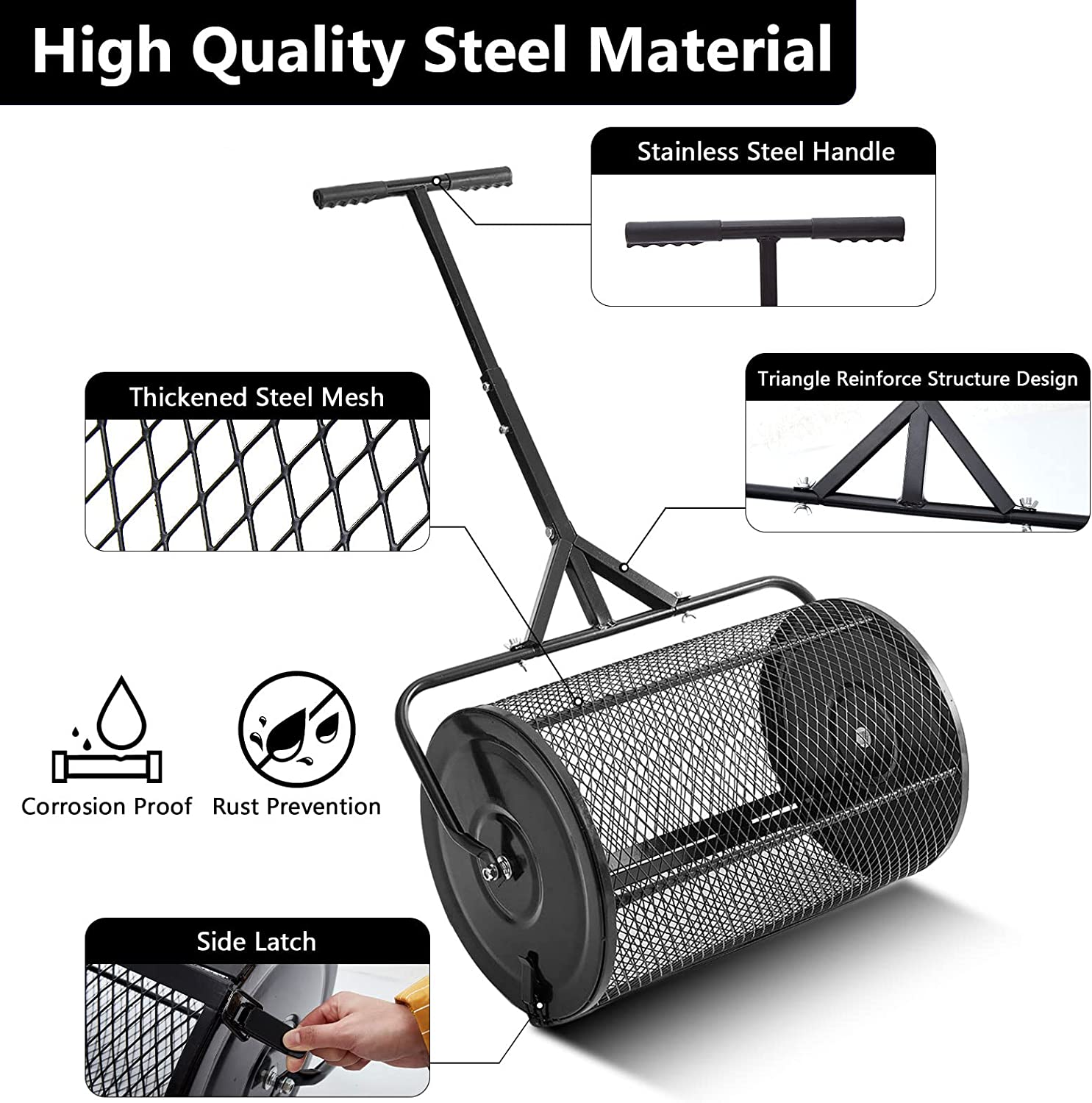 Heavy Duty Metal Peat Moss Spreader with Upgrade T Shaped Handle, Manure Spreader for Planting Seeding Top Soil Dirt